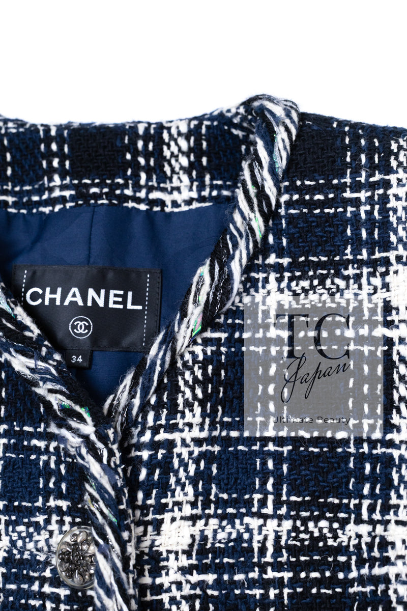 CHANEL 18S Navy Blue Ivory Checked Cotton Collarless Tweed Jacket 36 38 シャネル ネイビー ブルー アイボリー チェック コットン ノーカラー ツイード ジャケット 即発