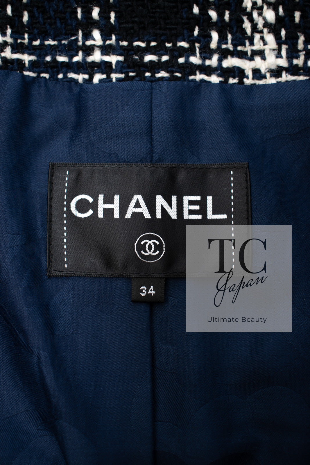 CHANEL 18S Navy Blue Ivory Checked Cotton Collarless Tweed Jacket 36 38 シャネル ネイビー ブルー アイボリー チェック コットン ノーカラー ツイード ジャケット 即発
