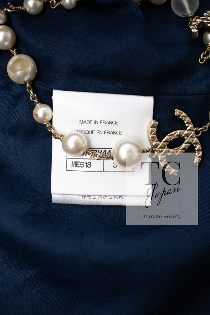 CHANEL 18S Navy Blue Ivory Checked Cotton Collarless Tweed Jacket 36 38 シャネル ネイビー ブルー アイボリー チェック コットン ノーカラー ツイード ジャケット 即発