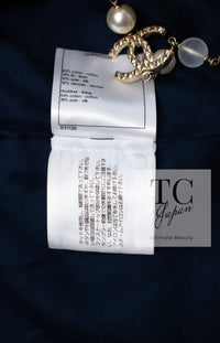 CHANEL 18S Navy Blue Ivory Checked Cotton Collarless Tweed Jacket 36 38 シャネル ネイビー ブルー アイボリー チェック コットン ノーカラー ツイード ジャケット 即発