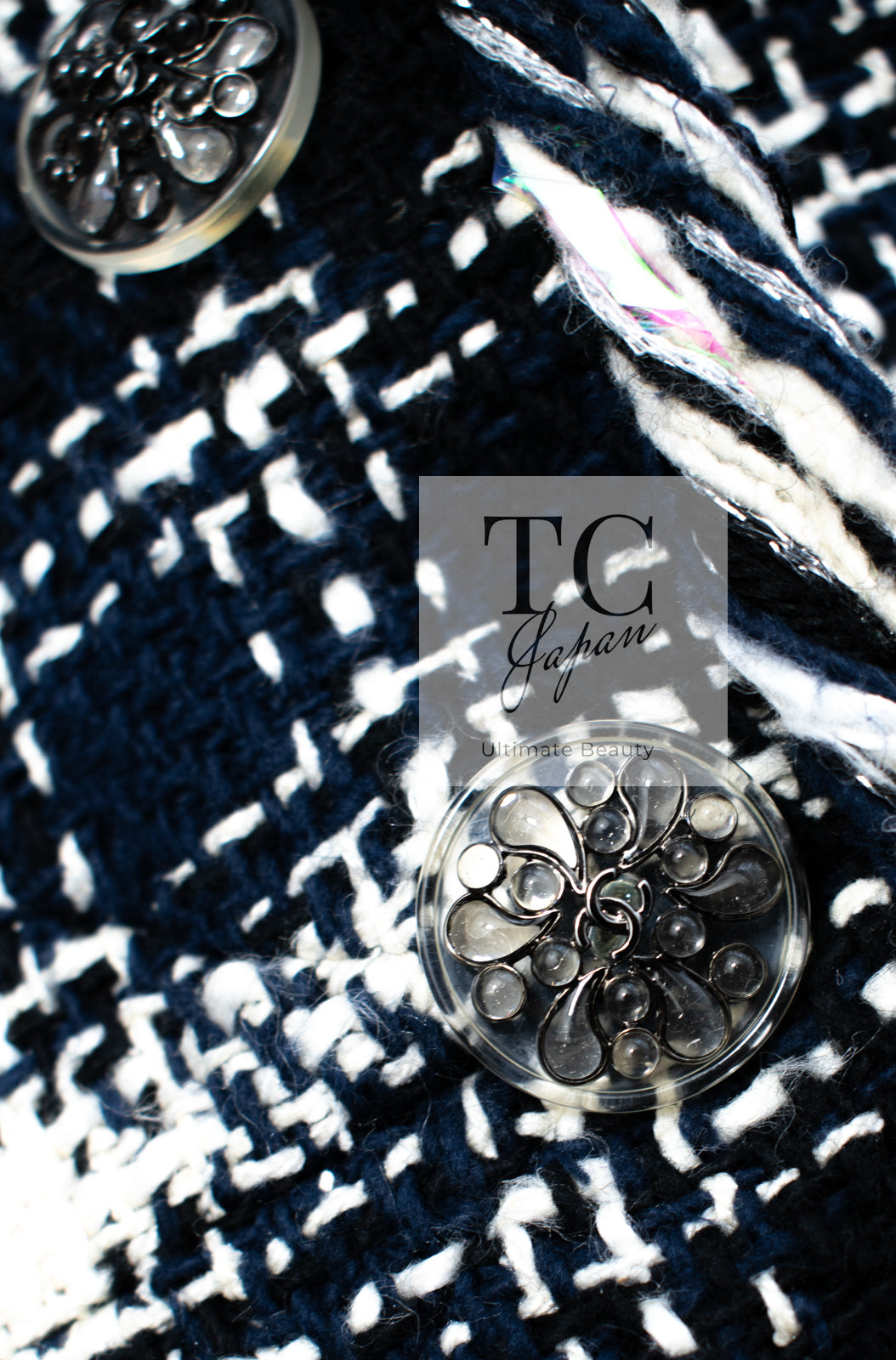 CHANEL 18S Navy Blue Ivory Checked Cotton Collarless Tweed Jacket 36 38 シャネル ネイビー ブルー アイボリー チェック コットン ノーカラー ツイード ジャケット 即発