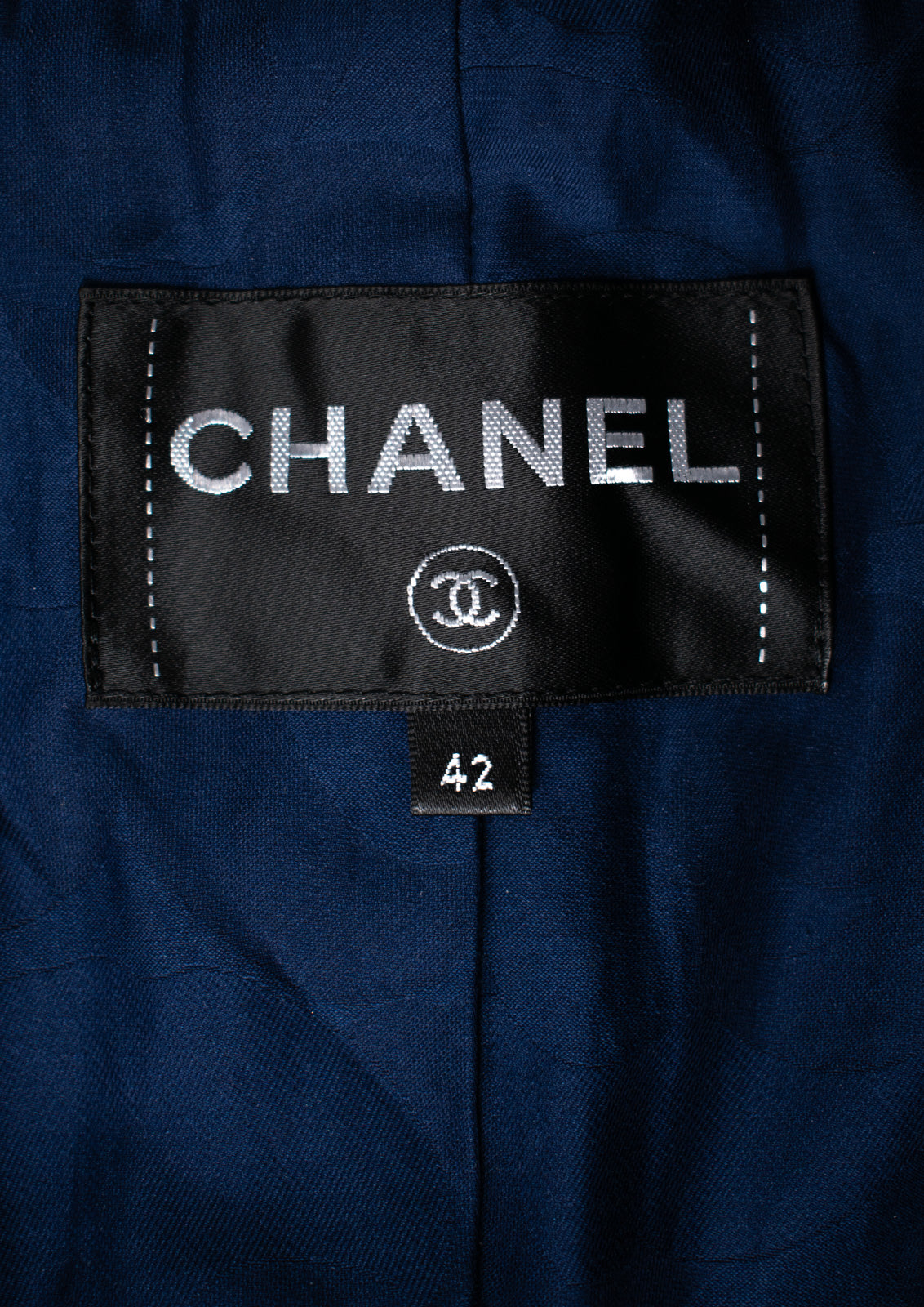 CHANEL 18S Navy Blue Ivory Checked Cotton Collarless Tweed Jacket 42 44 シャネル ネイビー ブルー アイボリー チェック コットン ノーカラー ツイード ジャケット 即発