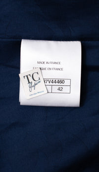 CHANEL 18S Navy Blue Ivory Checked Cotton Collarless Tweed Jacket 42 44 シャネル ネイビー ブルー アイボリー チェック コットン ノーカラー ツイード ジャケット 即発