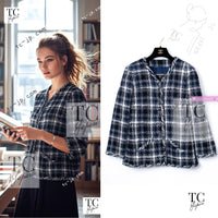 CHANEL 18S Navy Blue Ivory Checked Cotton Collarless Tweed Jacket 42 44 シャネル ネイビー ブルー アイボリー チェック コットン ノーカラー ツイード ジャケット 即発