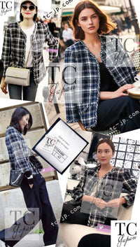 CHANEL 18S Navy Blue Ivory Checked Cotton Collarless Tweed Jacket 42 44 シャネル ネイビー ブルー アイボリー チェック コットン ノーカラー ツイード ジャケット 即発