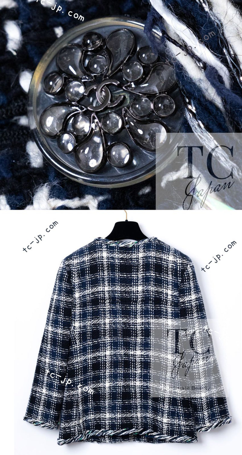 CHANEL 18S Navy Blue Ivory Checked Cotton Collarless Tweed Jacket 36 38 シャネル ネイビー ブルー アイボリー チェック コットン ノーカラー ツイード ジャケット 即発