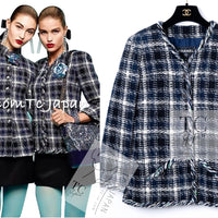 CHANEL 18S Navy Blue Ivory Checked Cotton Collarless Tweed Jacket 42 44 シャネル ネイビー ブルー アイボリー チェック コットン ノーカラー ツイード ジャケット 即発
