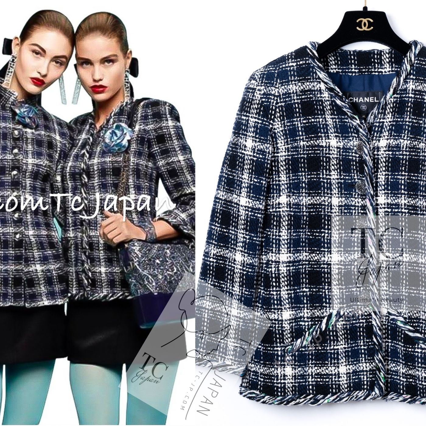 CHANEL 18S Navy Blue Ivory Checked Cotton Collarless Tweed Jacket 42 44 シャネル ネイビー ブルー アイボリー チェック コットン ノーカラー ツイード ジャケット 即発
