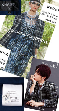 CHANEL 18S Navy Blue Ivory Checked Cotton Collarless Tweed Jacket 42 44 シャネル ネイビー ブルー アイボリー チェック コットン ノーカラー ツイード ジャケット 即発