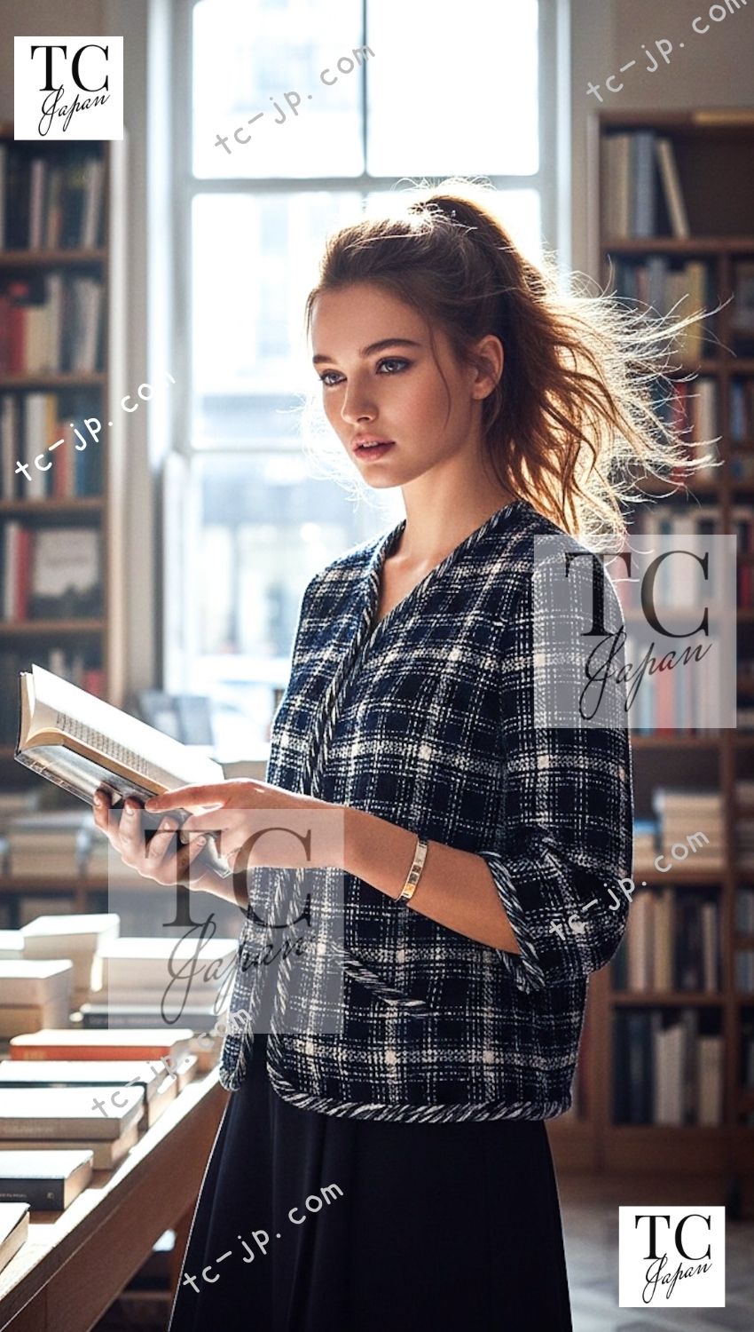 CHANEL 18S Navy Blue Ivory Checked Cotton Collarless Tweed Jacket Skirt Suit 42 シャネル ネイビー ブルー アイボリー チェック コットン ノーカラー ツイード ジャケット スカート スーツ 即発 - TC JAPAN