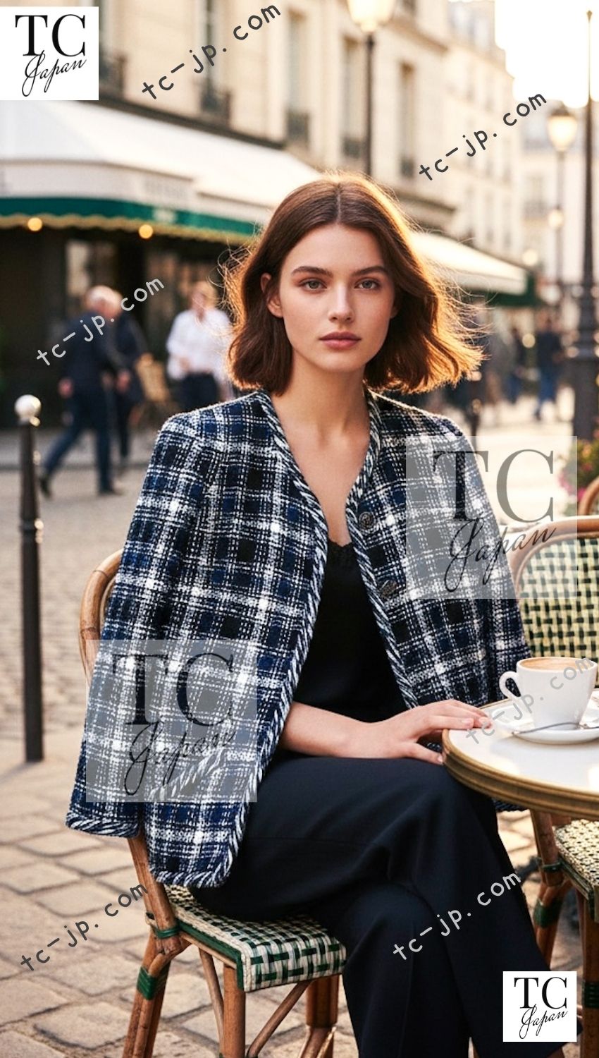 CHANEL 18S Navy Blue Ivory Checked Cotton Collarless Tweed Jacket 42 44 シャネル ネイビー ブルー アイボリー チェック コットン ノーカラー ツイード ジャケット 即発