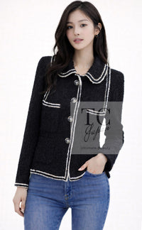 CHANEL 17A Black Wool Silk Braid Trimming Half Coat Jacket 34 40 42 | TW