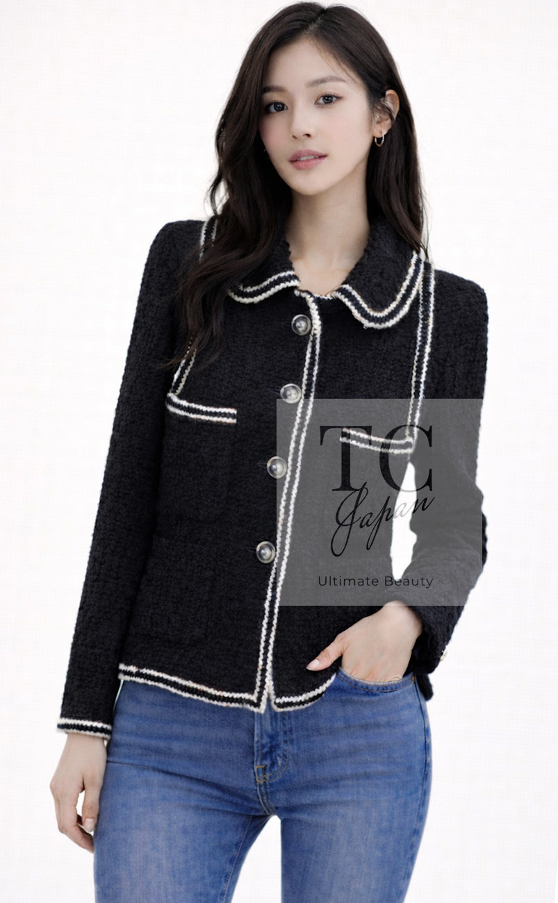 CHANEL 17A Black Wool Silk Braid Trimming Half Coat Jacket 34 40 42 | TW