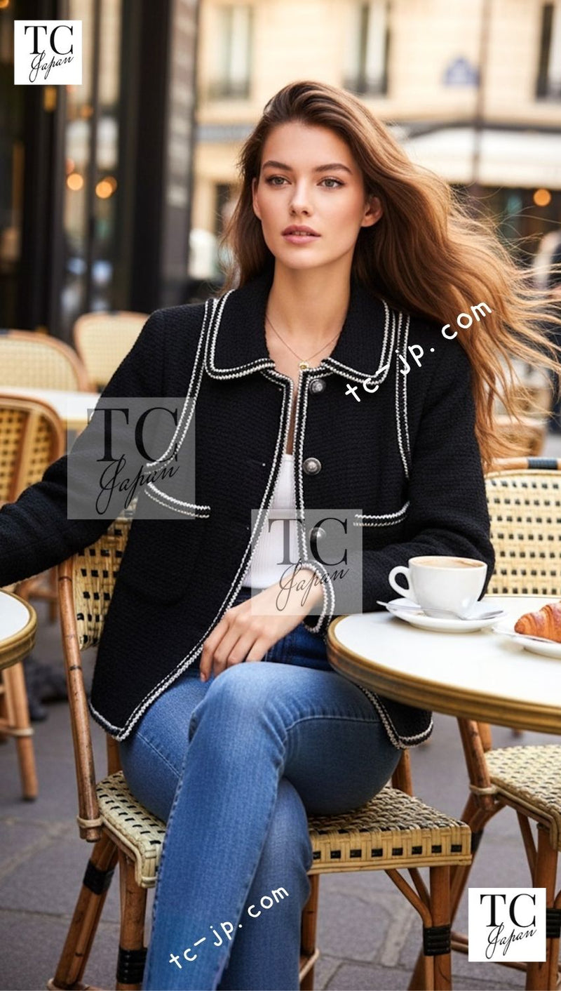 CHANEL 17A Black Wool Silk Braid Trimming Half Coat Jacket 34 40 42 シャネル ブラック ウール シルク ブレイドトリミング ハーフ コート ジャケット 即発