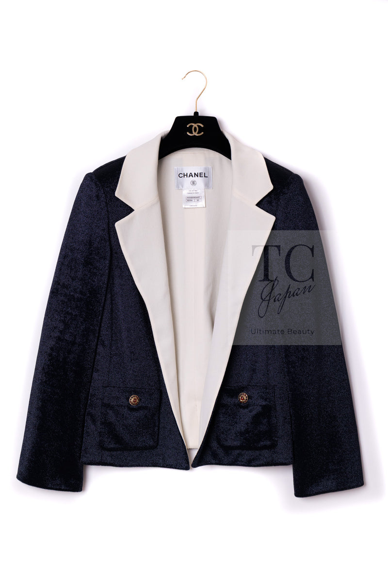 CHANEL 10C Navy Ivory Crystals Gripoix Buttons Jacket 34 36 シャネル ネイビー アイボリー クリスタル グリポア宝石ボタン ジャケット 即発