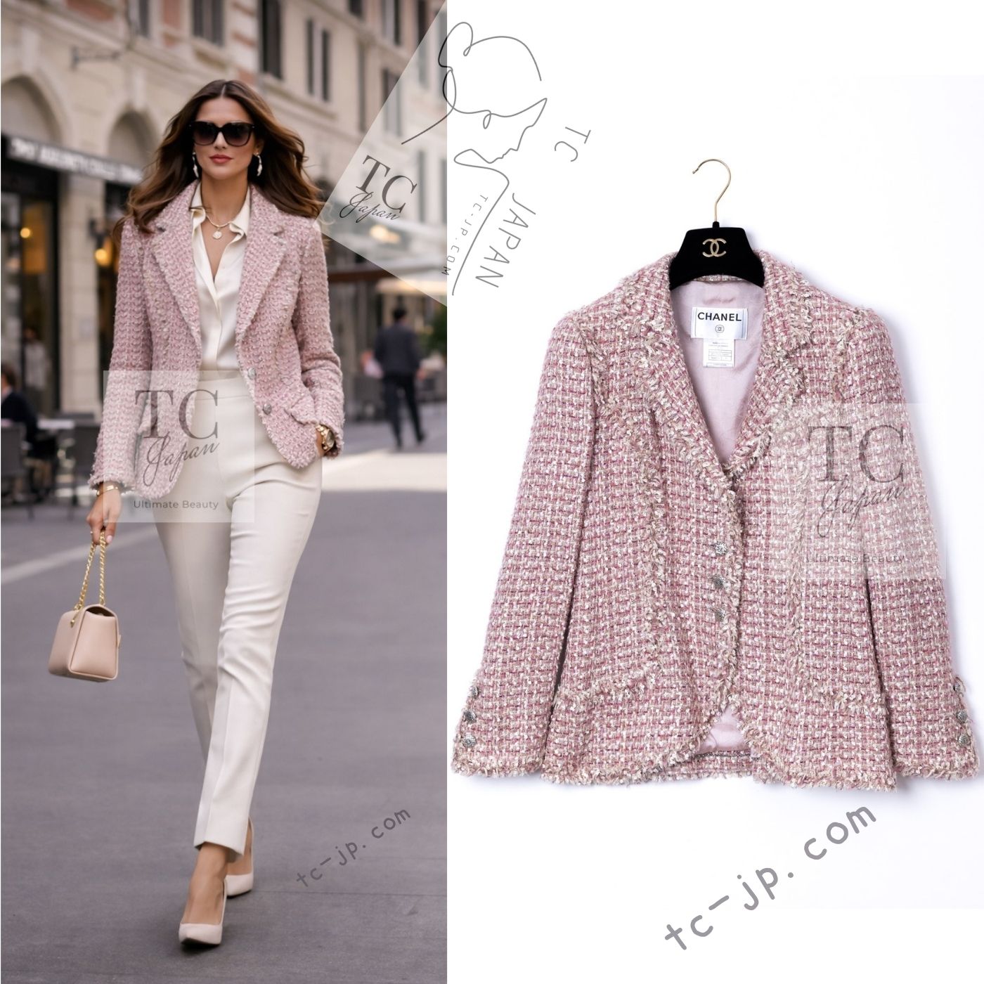 CHANEL 06C Pink Beige CC Logo Buttons Tweed Jacket 42 シャネル ピンク ベージュ CC ロゴ ココボタン ツイード ジャケット 即発