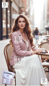 CHANEL 06C pink beige tweed CC logo button women's jacket / シャネル レディース ピンク ベージュ ツイード CCロゴ ボタン ジャケット