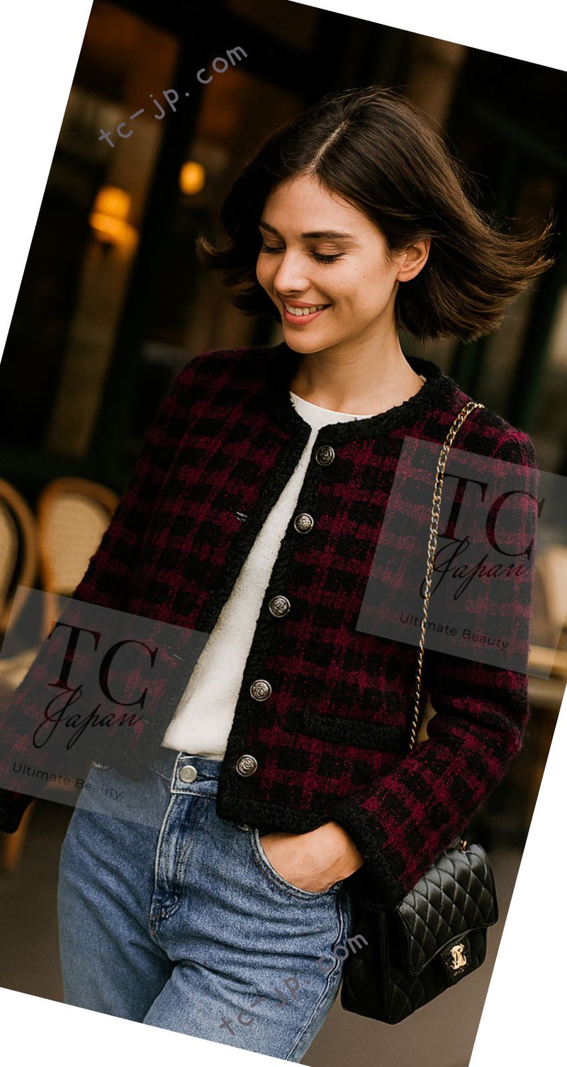 CHANEL 80C Vintage Bordeaux Wine Black Wool Tweed Jacket 36 シャネル ヴィンテージ ボルドー ブラック ブークレ プードル ウール ツイード ジャケット 即発
