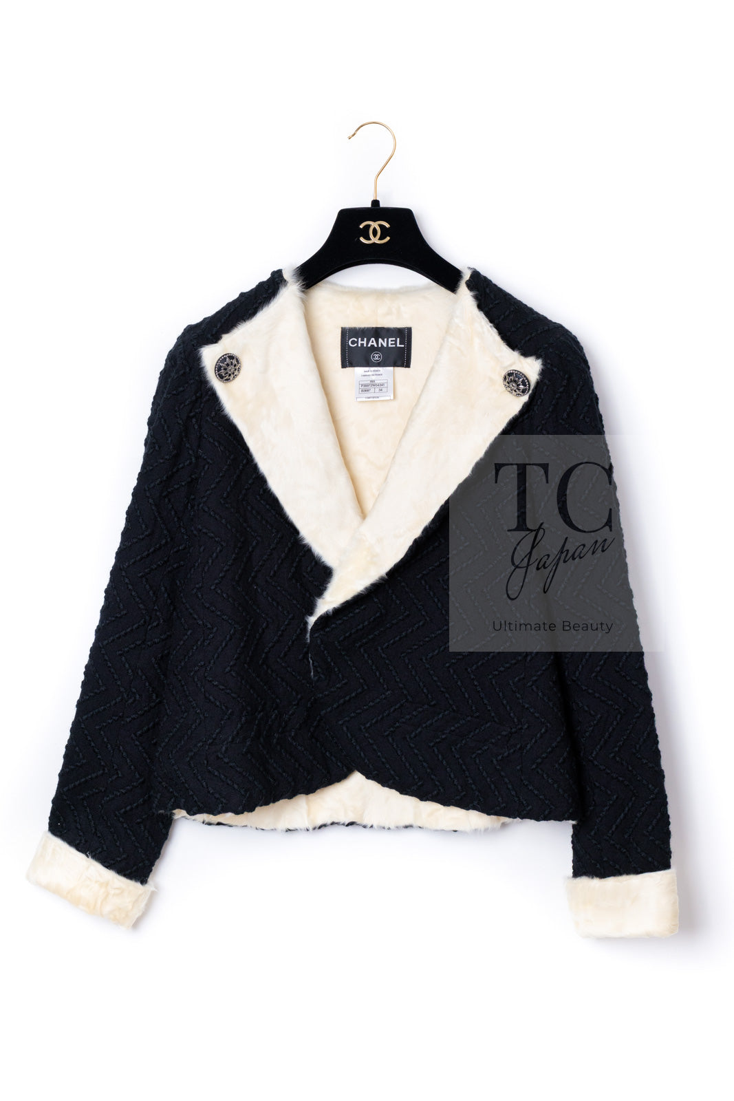 CHANEL 09A Black Ivory Wool Lamb Fur Lining Jacket 36 38 シャネル ブラック アイボリー ウール ラム ファー ライニング ジャケット 即発