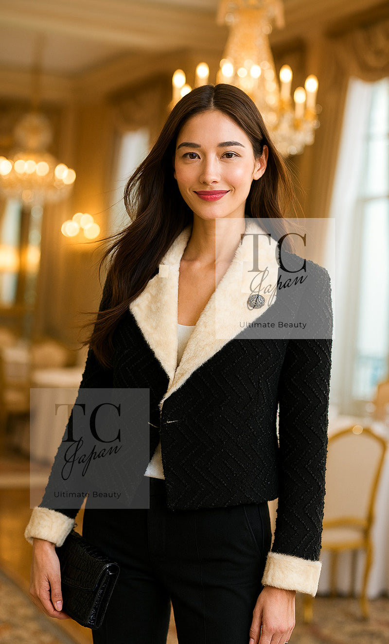 CHANEL 09A Black Ivory Wool Lamb Fur Lining Jacket 36 38 シャネル ブラック アイボリー ウール ラム ファー ライニング ジャケット 即発