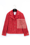 CHANEL 01A Red Coarl Pink Wool Silk Tweed Jacket 36 シャネル レッド コーラル ピンク ウール シルク ツイード ジャケット 即発