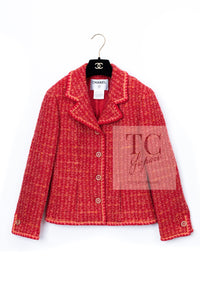 CHANEL 01A Red Coarl Pink Wool Silk Tweed Jacket 36 シャネル レッド コーラル ピンク ウール シルク ツイード ジャケット 即発