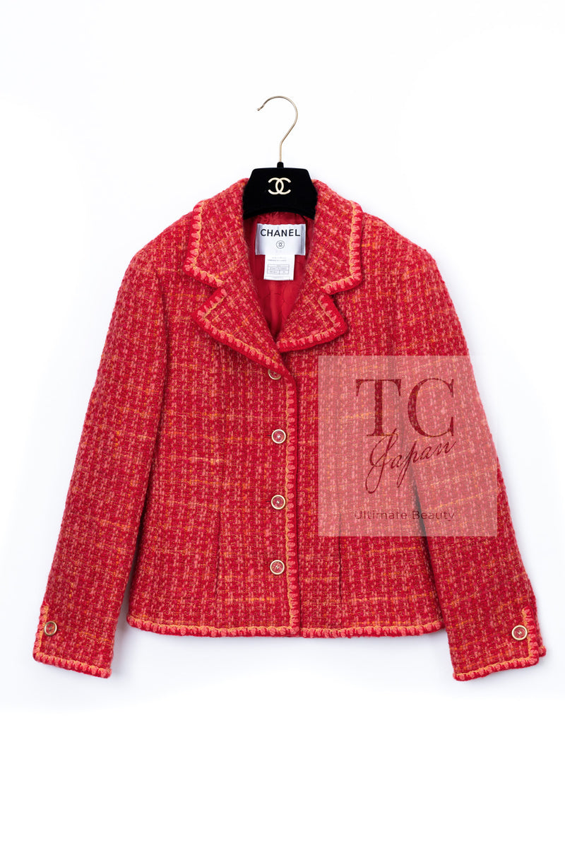 CHANEL 01A Red Coarl Pink Wool Silk Tweed Jacket 36 シャネル レッド コーラル ピンク ウール シルク ツイード ジャケット 即発