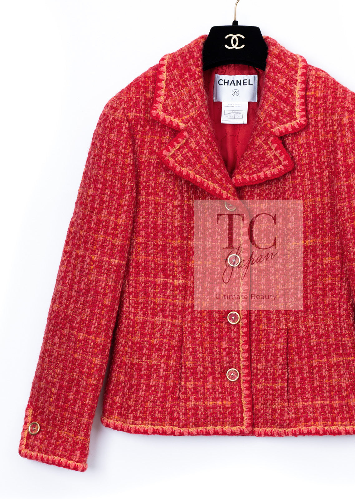 CHANEL 01A Red Coarl Pink Wool Silk Tweed Jacket 36 シャネル レッド コーラル ピンク ウール シルク ツイード ジャケット 即発