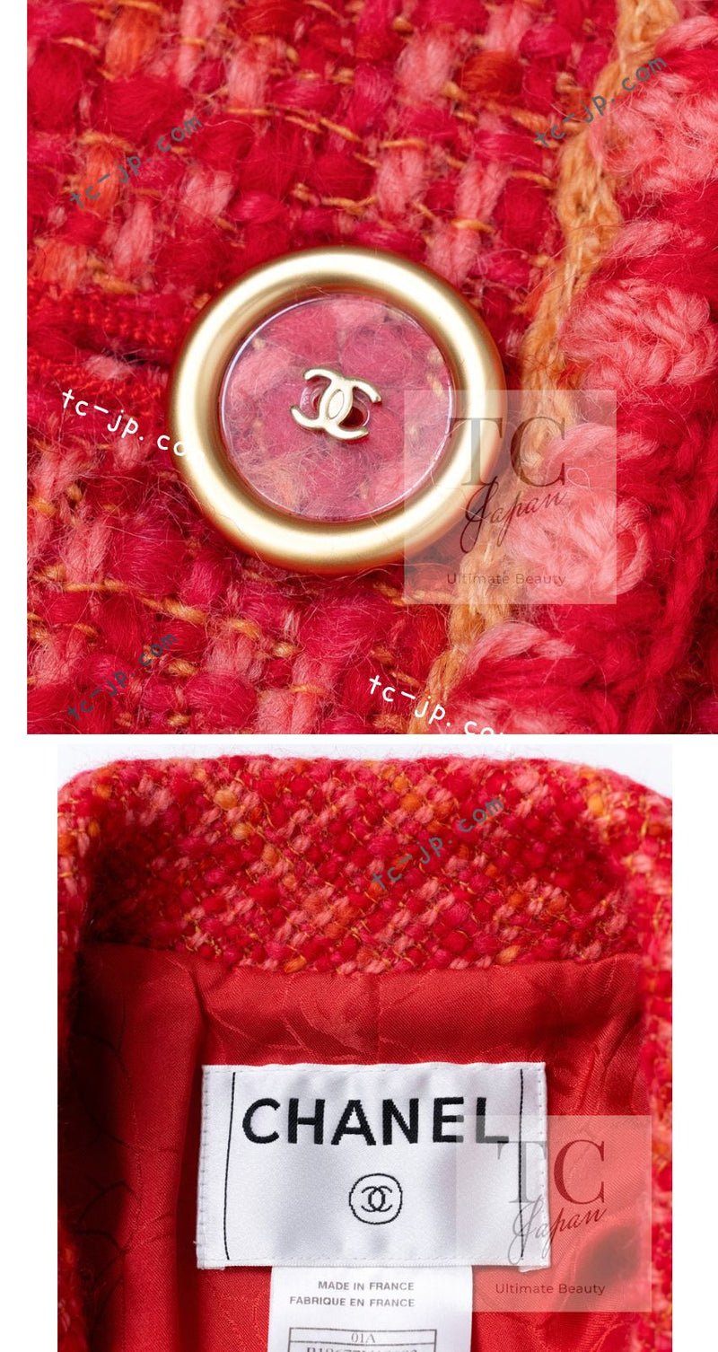 CHANEL 01A Red Coarl Pink Wool Silk Tweed Jacket 36 シャネル レッド コーラル ピンク ウール シルク ツイード ジャケット 即発