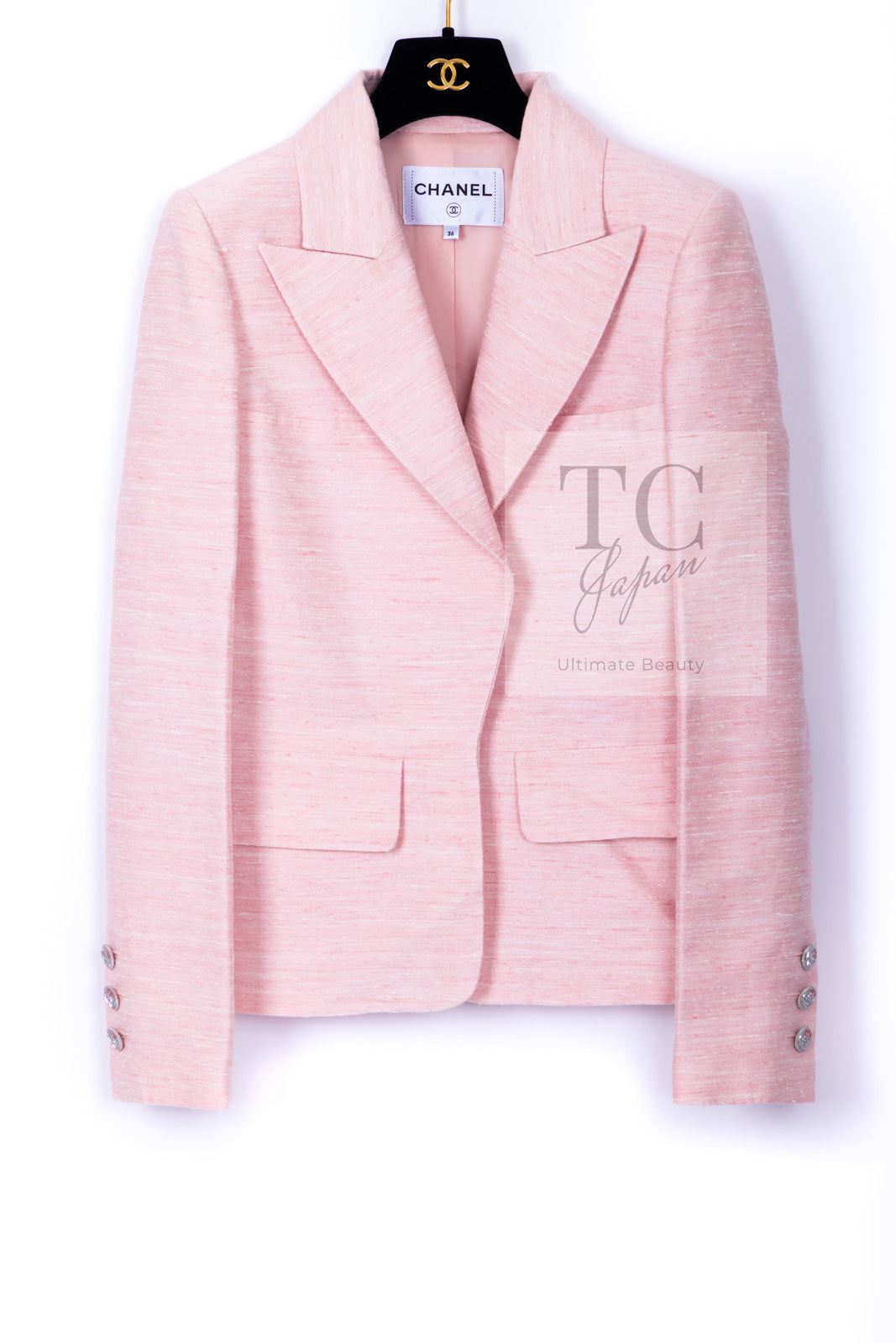 CHANEL 17C Cuba Runway Pink Silk Canvas Logo Button Jacket 36 シャネル キューバ ランウェイ ピンク シルク キャンバス ココボタン ジャケット 即発