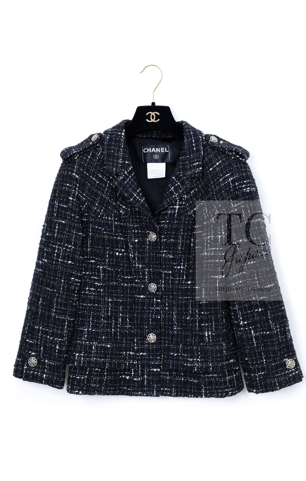 CHANEL 06C Black Brown White Epaulets Tweed Jacket 36 38 シャネル ブラック ブラウン ホワイト エポレット ツイード ジャケット 即発