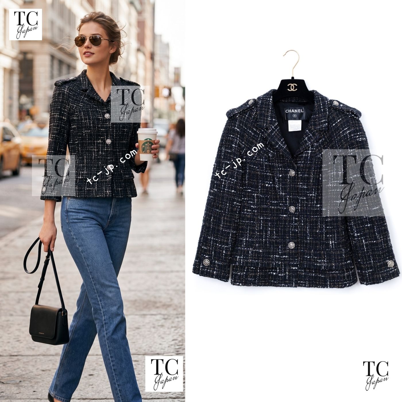CHANEL 06C Black Brown White Epaulets Tweed Jacket 36 38 シャネル ブラック ブラウン ホワイト エポレット ツイード ジャケット 即発