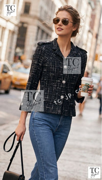 CHANEL 06C Ivory Black Multicolor Epaulets Zipper Wool Cotton Tweed Jacket 36 シャネル アイボリー ブラック マルチカラー ジッパー ウール コットン ツイード ジャケット 即発