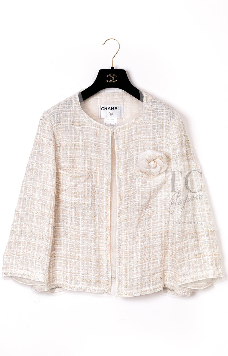 CHANEL 06C Ivory Creme Sequin Embellishments Cardigan Jacket 40 シャネル アイボリー クリーム スパンコール カーディガン ジャケット 即発