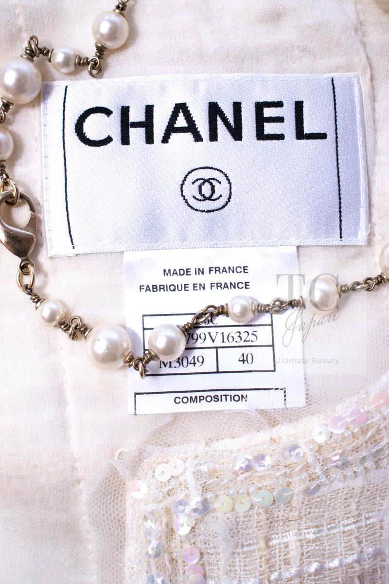 CHANEL 06C Ivory Creme Sequin Embellishments Cardigan Jacket 40 シャネル アイボリー クリーム スパンコール カーディガン ジャケット 即発
