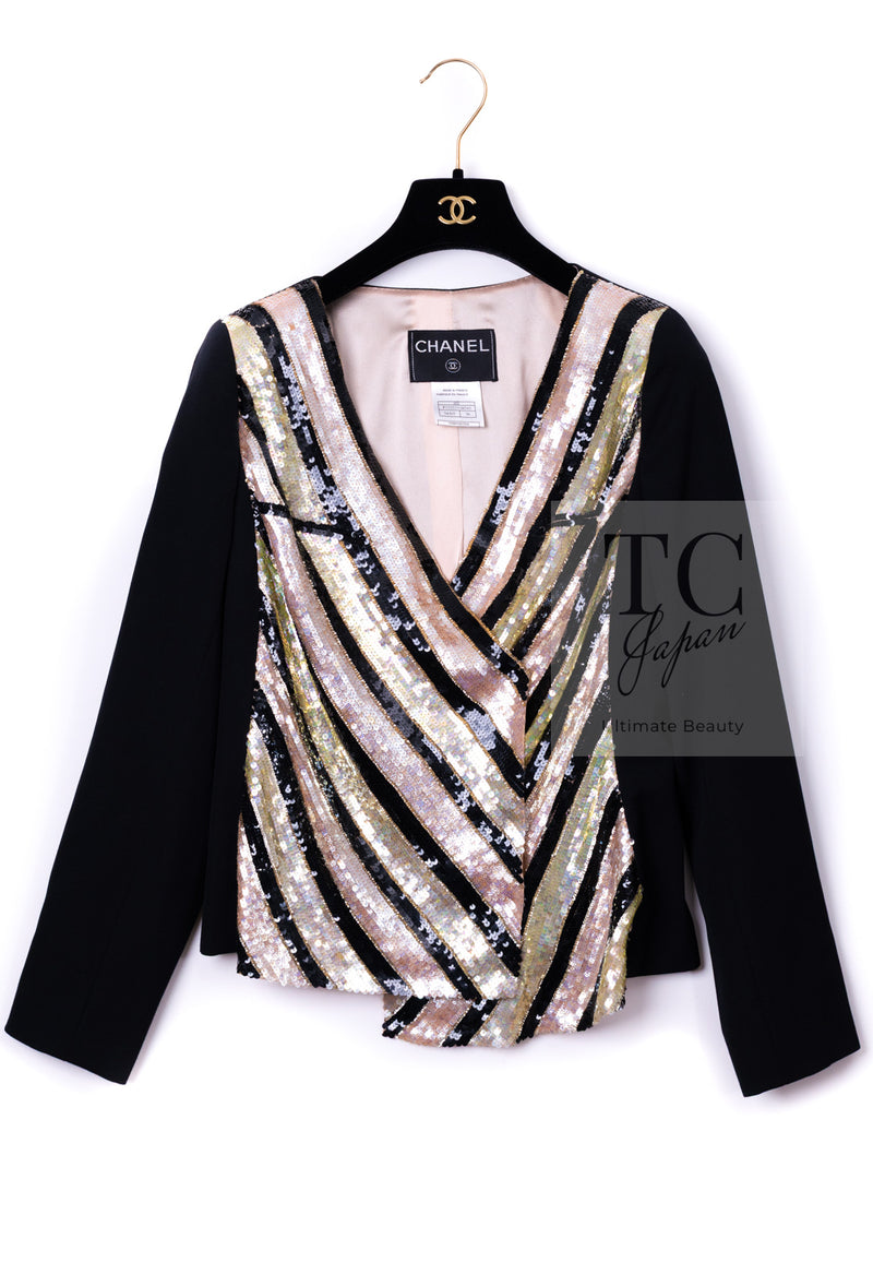 CHANEL 00T Vintage Black Beige Pink Wool Silk Sequin Embellishments Jacket 36 38 シャネル ヴィンテージ ブラック ベージュ ピンク ウール シルク スパンコール装飾 ジャケット 即発