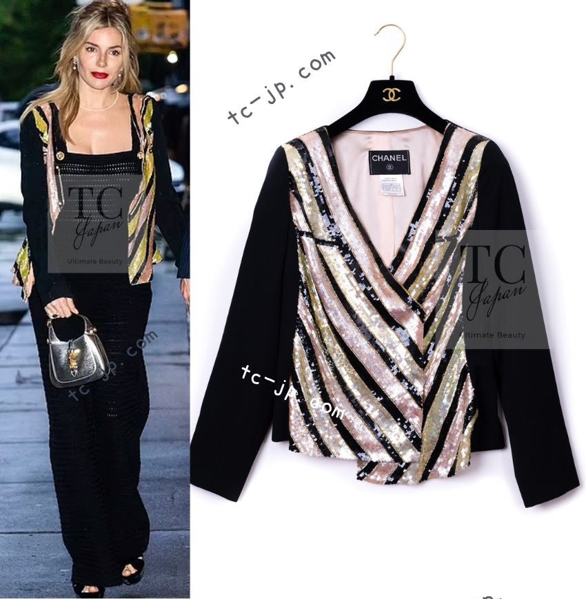 CHANEL 00T Vintage Black Beige Pink Wool Silk Sequin Embellishments Jacket 36 38 シャネル ヴィンテージ ブラック ベージュ ピンク ウール シルク スパンコール装飾 ジャケット 即発
