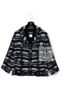 CHANEL 08S Black Gray Striped Cottn Tweed Jacket 42 シャネル ブラック グレー ボーダー コットン ツイード ジャケット 即発