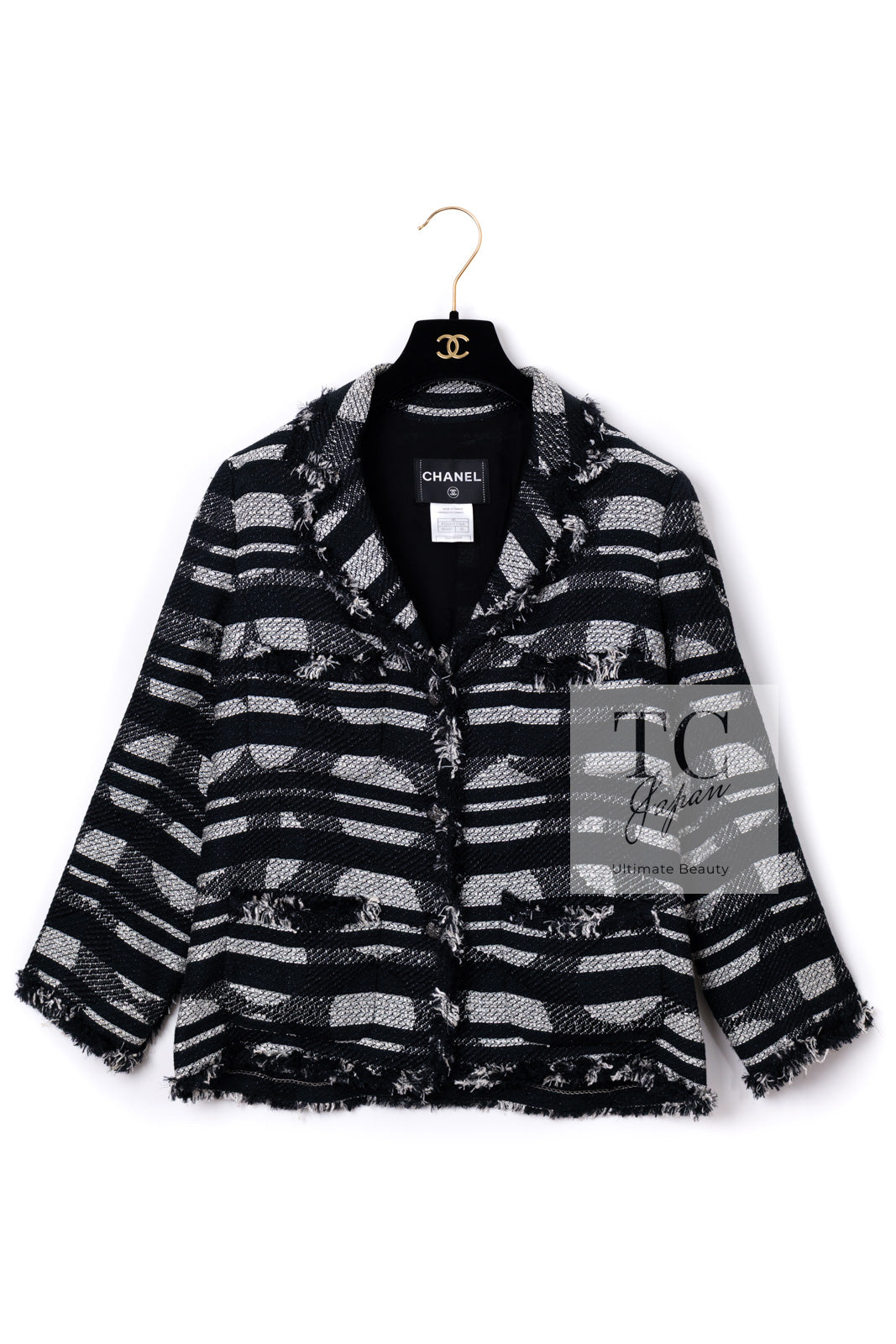CHANEL 08S Black Gray Striped Cottn Tweed Jacket 42 シャネル ブラック グレー ボーダー コットン ツイード ジャケット 即発