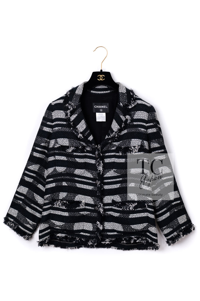 CHANEL 08S Black Gray Striped Cottn Tweed Jacket 42 シャネル ブラック グレー ボーダー コットン ツイード ジャケット 即発