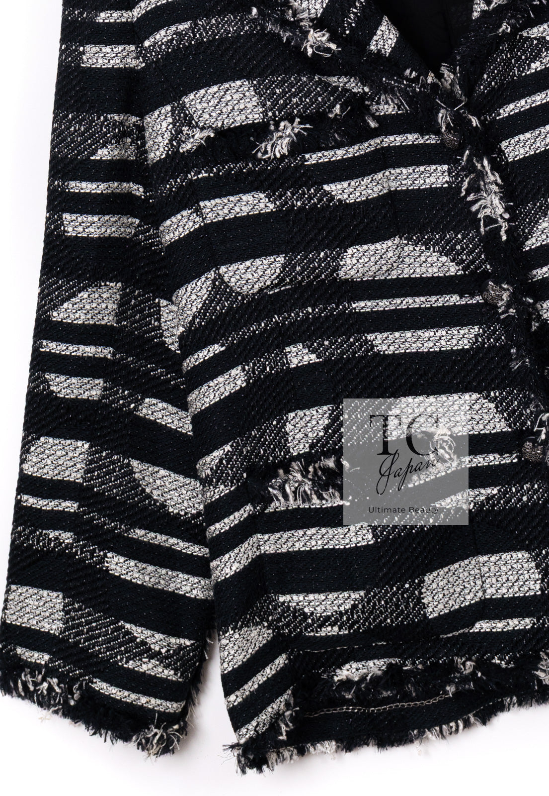 CHANEL 08S Black Gray Striped Cottn Tweed Jacket 42 シャネル ブラック グレー ボーダー コットン ツイード ジャケット 即発