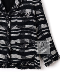 CHANEL 08S Black Gray Striped Cottn Tweed Jacket 42 シャネル ブラック グレー ボーダー コットン ツイード ジャケット 即発