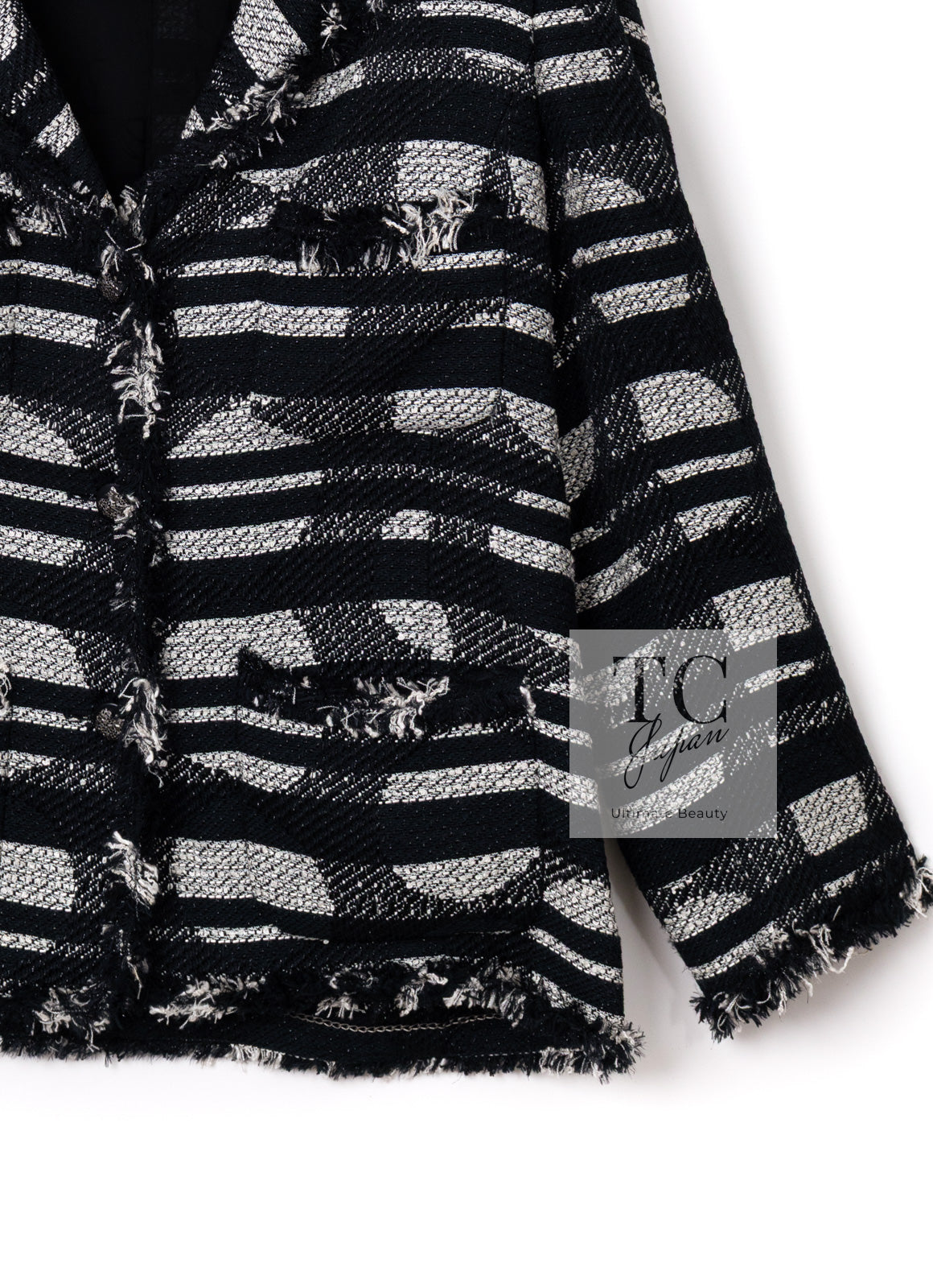 CHANEL 08S Black Gray Striped Cottn Tweed Jacket 42 シャネル ブラック グレー ボーダー コットン ツイード ジャケット 即発