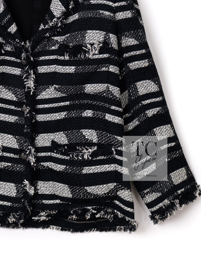 CHANEL 08S Black Gray Striped Cottn Tweed Jacket 42 シャネル ブラック グレー ボーダー コットン ツイード ジャケット 即発