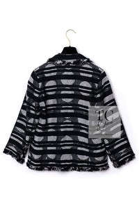 CHANEL 08S Black Gray Striped Cottn Tweed Jacket 42 シャネル ブラック グレー ボーダー コットン ツイード ジャケット 即発