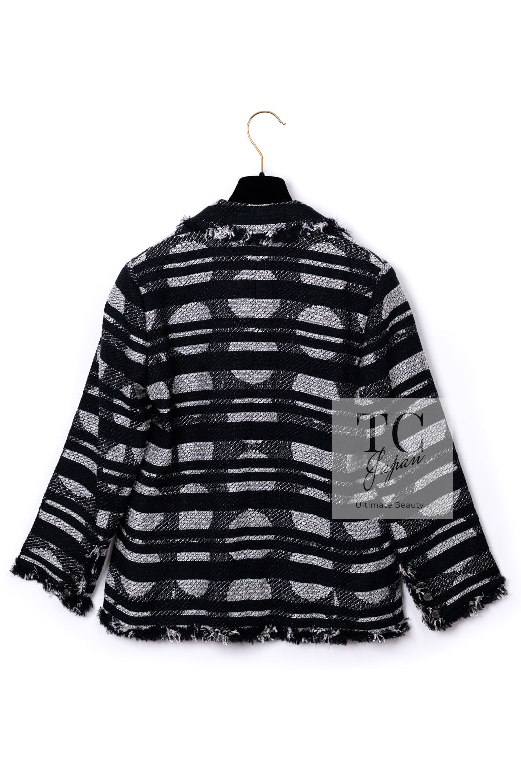 CHANEL 08S Black Gray Striped Cottn Tweed Jacket 42 シャネル ブラック グレー ボーダー コットン ツイード ジャケット 即発