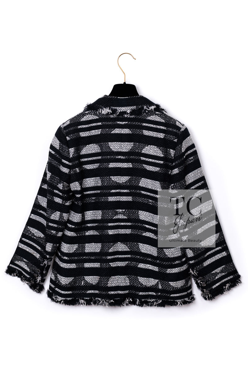 CHANEL 08S Black Gray Striped Cottn Tweed Jacket 42 シャネル ブラック グレー ボーダー コットン ツイード ジャケット 即発