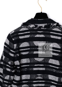 CHANEL 08S Black Gray Striped Cottn Tweed Jacket 42 シャネル ブラック グレー ボーダー コットン ツイード ジャケット 即発