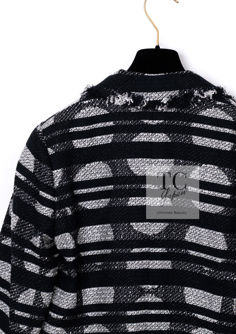 CHANEL 08S Black Gray Striped Cottn Tweed Jacket 42 シャネル ブラック グレー ボーダー コットン ツイード ジャケット 即発