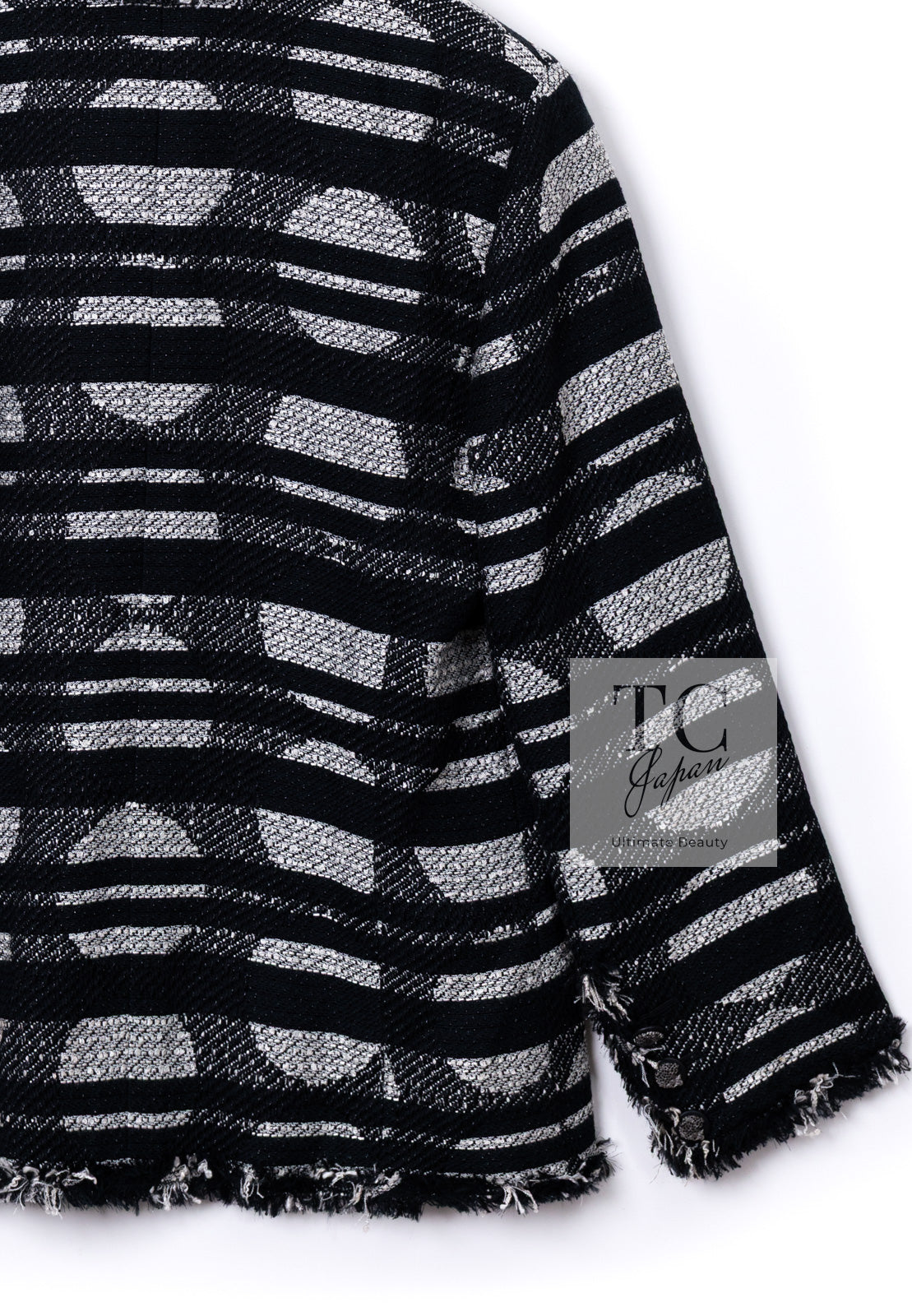 CHANEL 08S Black Gray Striped Cottn Tweed Jacket 42 シャネル ブラック グレー ボーダー コットン ツイード ジャケット 即発